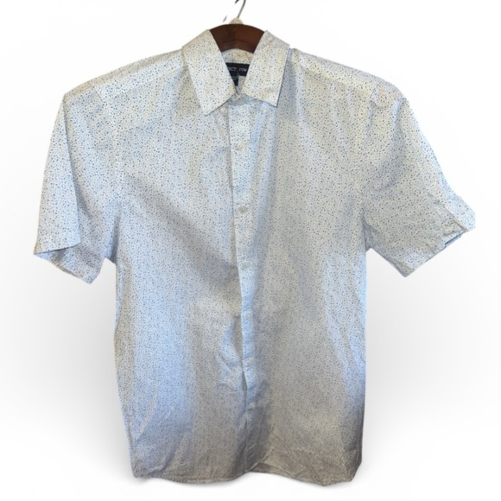 Men's XS White & Blue Patterned Button Up Short Sleeve Dress Shirt Casual Top